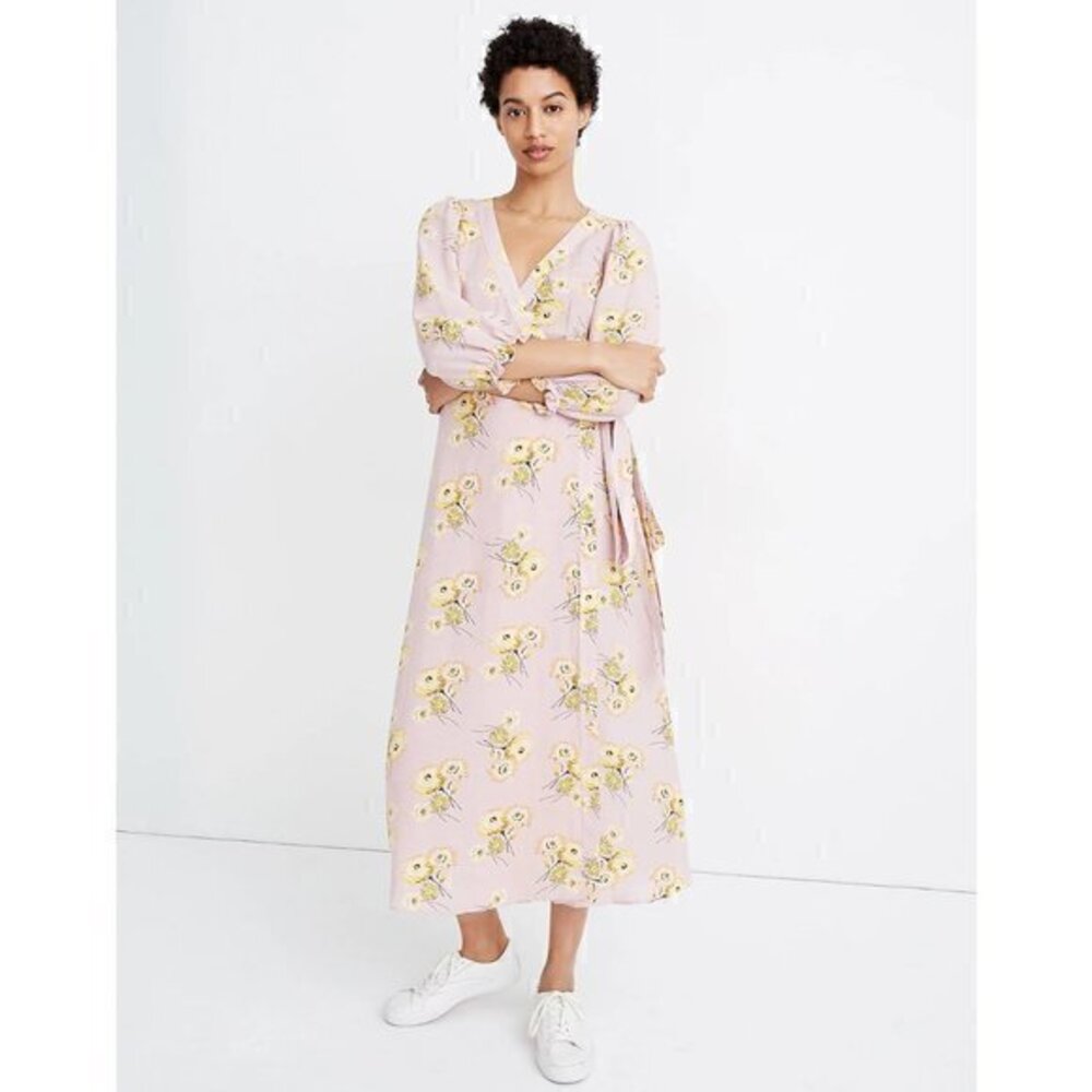 Madewell Linen Blend Ruffle Cuff Wrap Maxi Dress in Dutch Dandelions Size S NWT